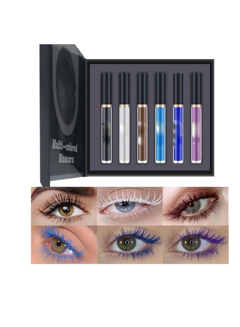 6 Color Colored Colorful Waterproof Mascara for Eyelashes Set,Blue White Black Brown Purple Mascara for Eyelashes, Long Lasting Charming Voluminous Mascara for Women, Cruelty Free Vegan Eye Makeup