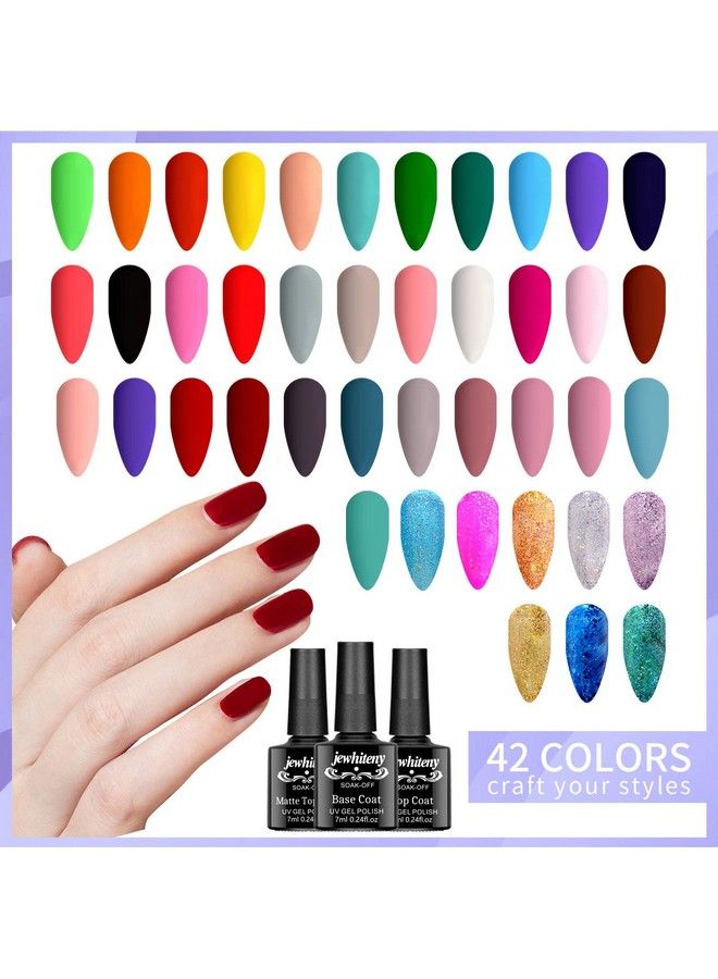 45Pcs Gel Nail Polish Kit 42 Colors 7Ml Gel Polish Nude Gray Pink Blue Soak Off Gel Nail Kit Glitter Nail Art Starter Kit Beauty Gifts Set For Women Girls Valentines Mother'S Day Gift