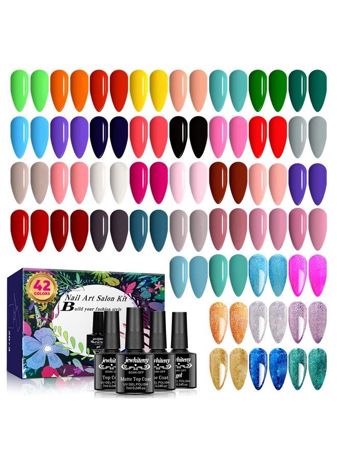 45Pcs Gel Nail Polish Kit 42 Colors 7Ml Gel Polish Nude Gray Pink Blue Soak Off Gel Nail Kit Glitter Nail Art Starter Kit Beauty Gifts Set For Women Girls Valentines Mother'S Day Gift