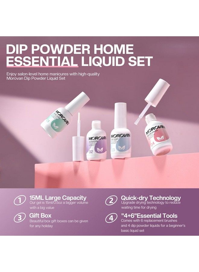 Dip Powder Liquid Set With Activator Base Top Coat And Dipping Powder Brush Saver 4Pcs 0.5Oz For Dip Powder Nail Kit