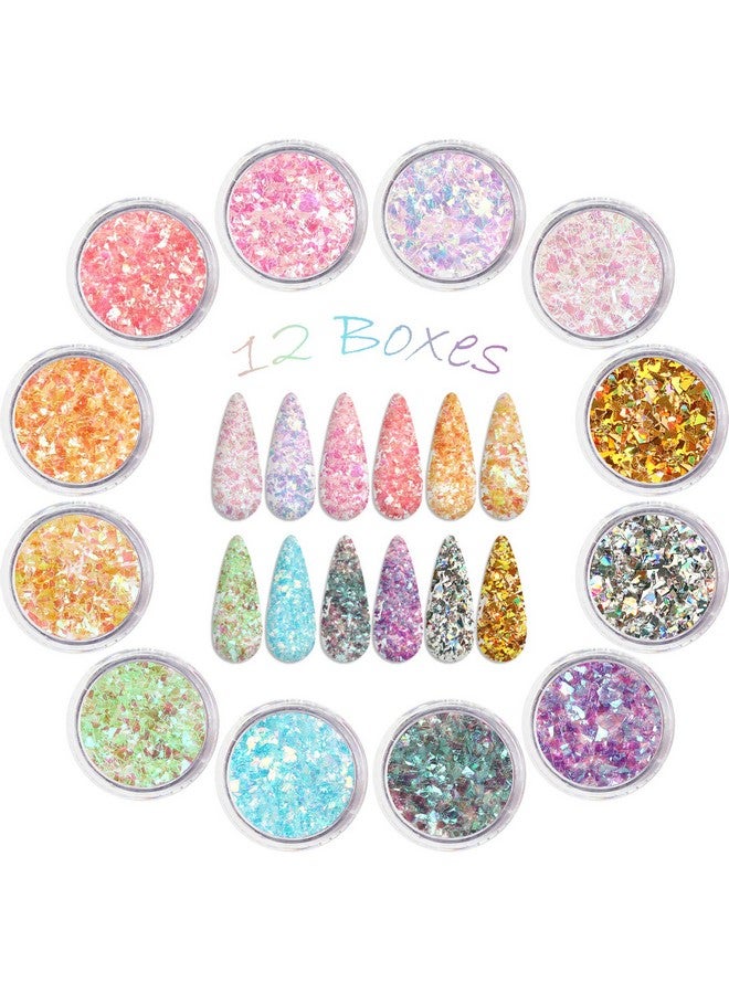 12 Colors Mermaid Nail Chunky Glitter Ultrathin Fluorescent Glass Paper Irregular Iridescent Sequin Flakes Glitters Sticker For Nails Art Decoration Hair Eyes Face Body Diy Craft