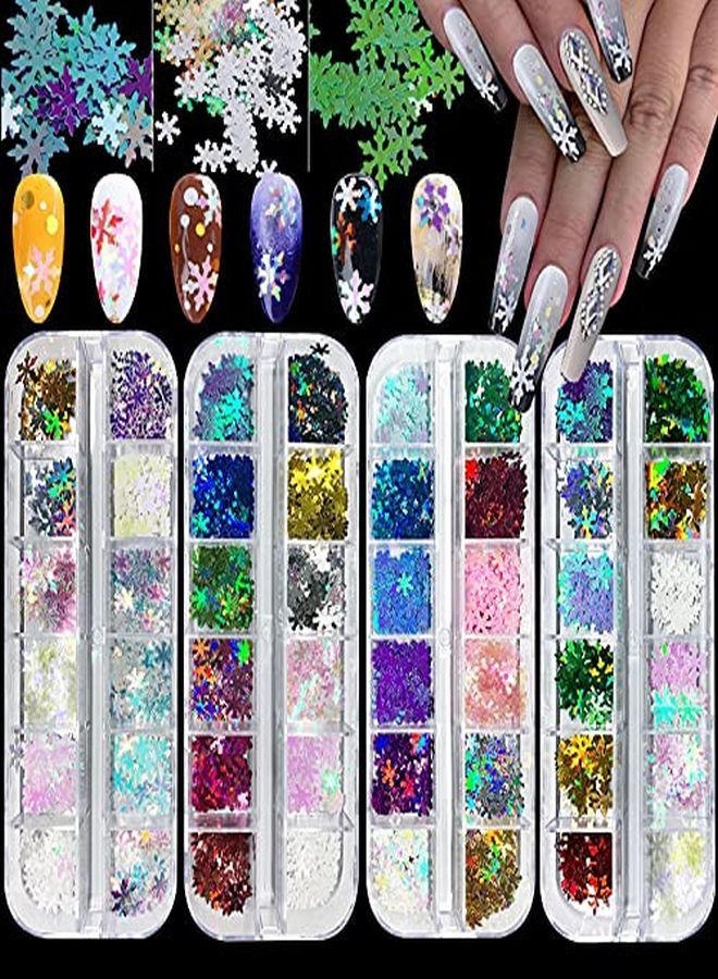 4 Boxes Christmas Snowflake Nail Sequins Glitter Holographic Laser Snowflakes Flake Nail Glitter Confetti Tree Sparkly Nail Sequin For Acrylic Nail Craft Decoration