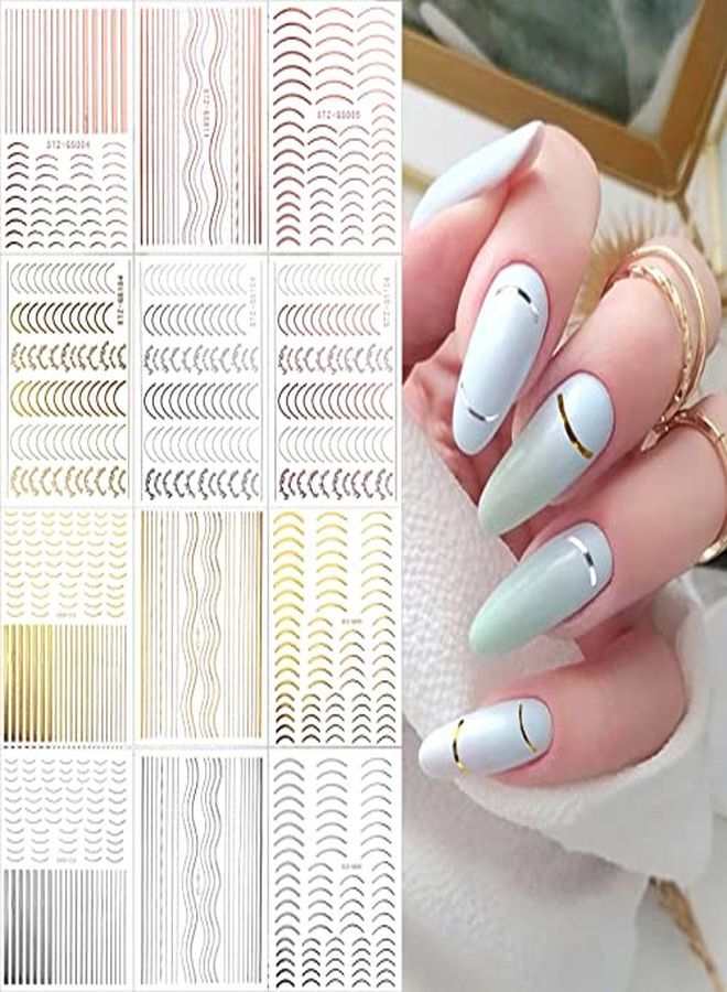 12 Sheets Gold Silver Metal Nail Stickers Metallic Curve Strip Line Nail Decal Selfadhesive 3D Wave Design Diy Decoration For Women Girls