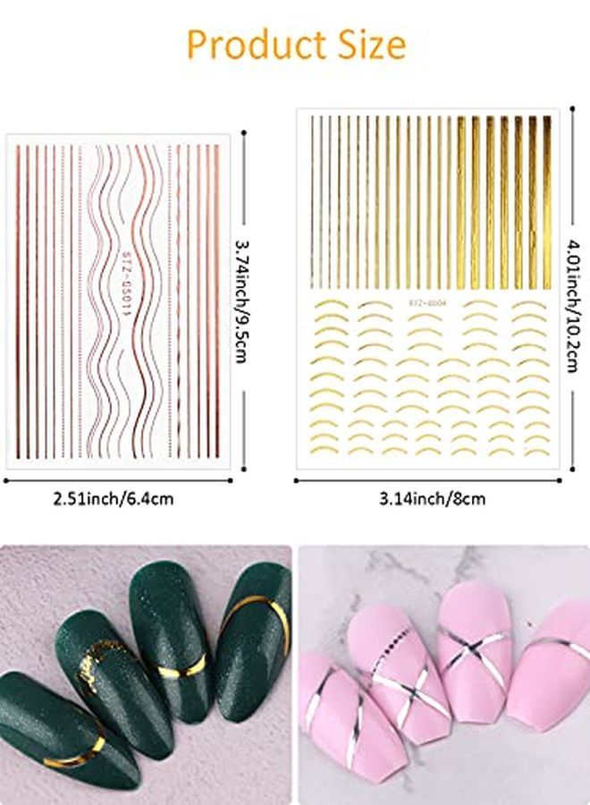 12 Sheets Gold Silver Metal Nail Stickers Metallic Curve Strip Line Nail Decal Selfadhesive 3D Wave Design Diy Decoration For Women Girls