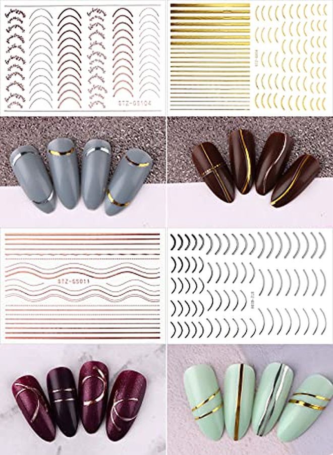 12 Sheets Gold Silver Metal Nail Stickers Metallic Curve Strip Line Nail Decal Selfadhesive 3D Wave Design Diy Decoration For Women Girls