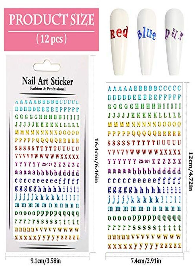 12 Sheets Letters Nail Stickers Alphabet Nail Stickers Holographic Small Tiny Letter Nail Stickers 3D Colors Laser Letter Selfadhesive Nail Decals For Nail Art Decor