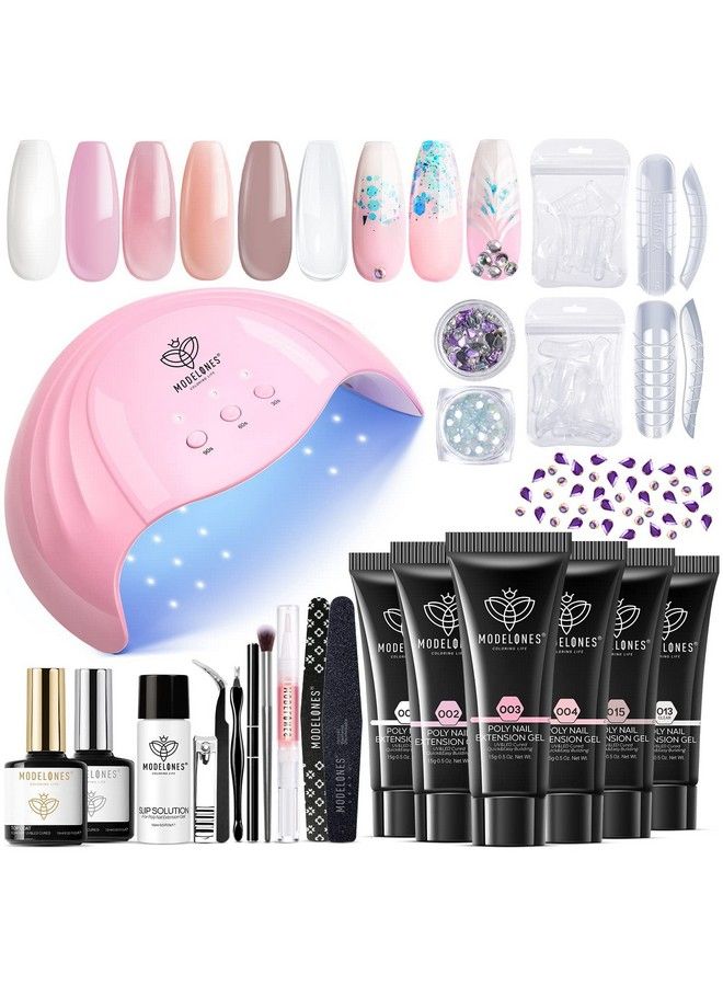 Poly Nail Gel Kit 6 Colors With 48W Nail Lamp Slip Solution Rhinestone Glitter All In One Kit For Nail Manicure Beginner Starter Kit Diy At Home Beauty Gift