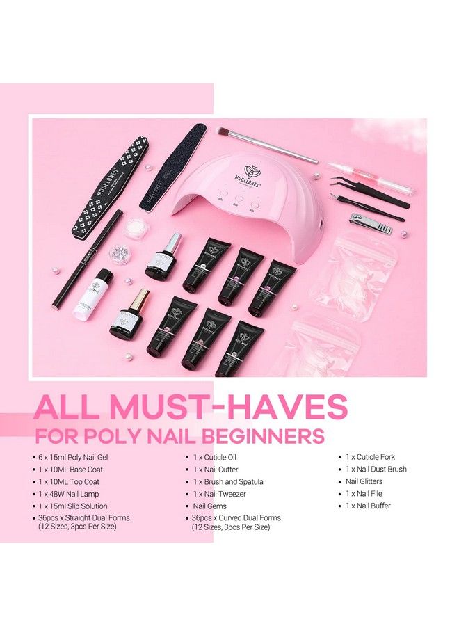 Poly Nail Gel Kit 6 Colors With 48W Nail Lamp Slip Solution Rhinestone Glitter All In One Kit For Nail Manicure Beginner Starter Kit Diy At Home Beauty Gift