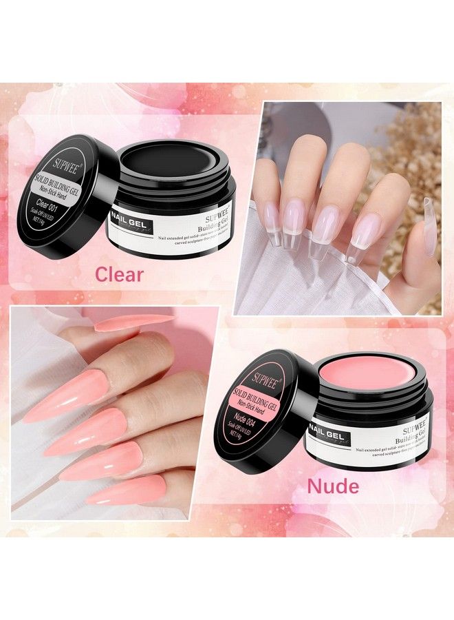 Solid Builder Gel For Nail Extension Clear Nude Nonstick Hand Sculpture Hard Gel With Dual Form Flower Nail Strengthen Nail Art For Home Diy Nail Salon Lamp Cure Require 2 Colors 14G(0.49Oz)