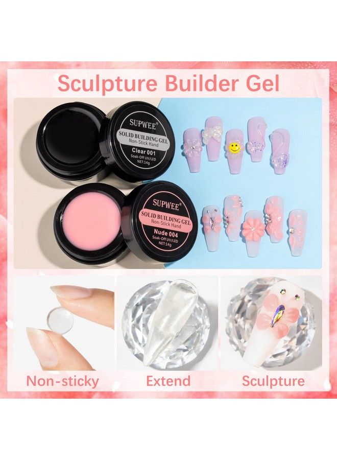 Solid Builder Gel For Nail Extension Clear Nude Nonstick Hand Sculpture Hard Gel With Dual Form Flower Nail Strengthen Nail Art For Home Diy Nail Salon Lamp Cure Require 2 Colors 14G(0.49Oz)