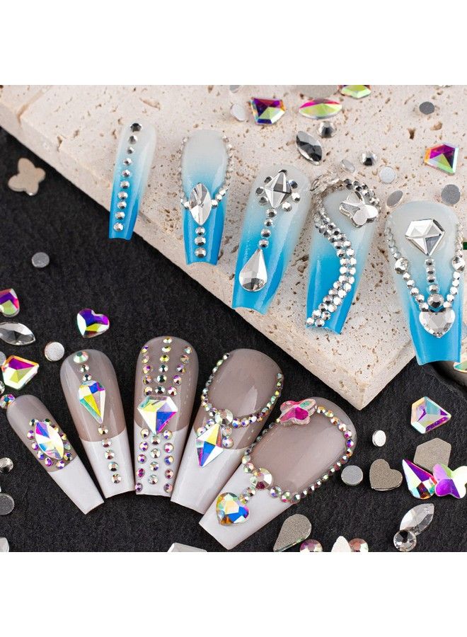 Flat Back Multishaped And Round Glass Nail Art Rhinestones Set 1 Crystal Ab And Clear Gem Bead Jewels Kit With Picker Pencil And Tweezer For Professional And Home Diy Use