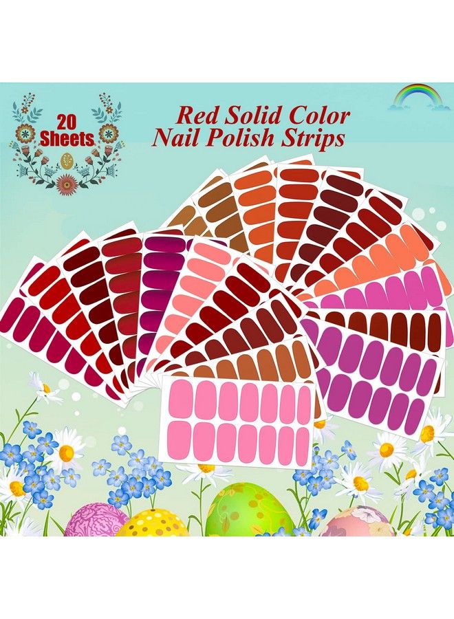 280 Pieces 20 Sheets Red Solid Color Full Nail Stickers Nail Polish Strips Stickers Full Nail Wraps Self Adhesive Nail Art Decal Strips With Nail File For Women Girls Diy Nail Art