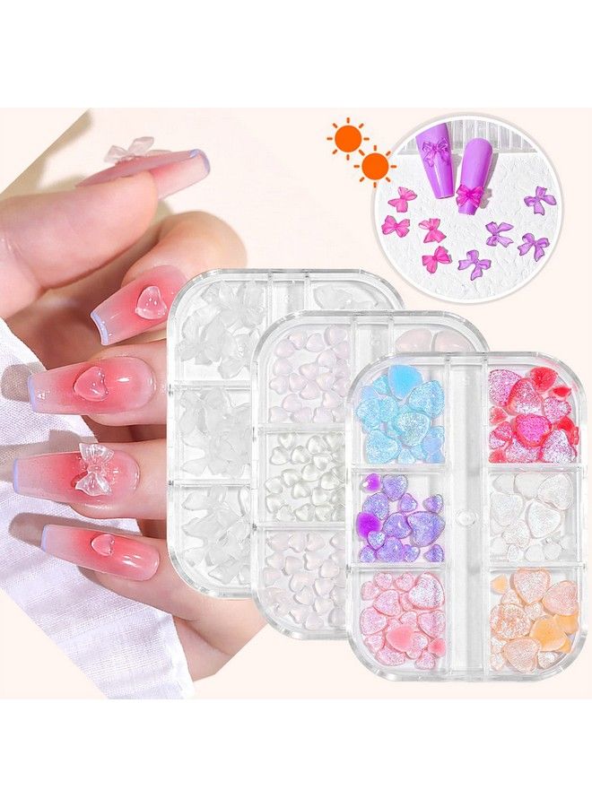 3 Boxes Light Change 3D Bow Tie Charms For Nails 3D Love Heart Nail Charms Aurora Colorful Resin Heart Nail Design Nail Butterfly Charms For Acrylic Nails Nail Heart Charms For Women Girls