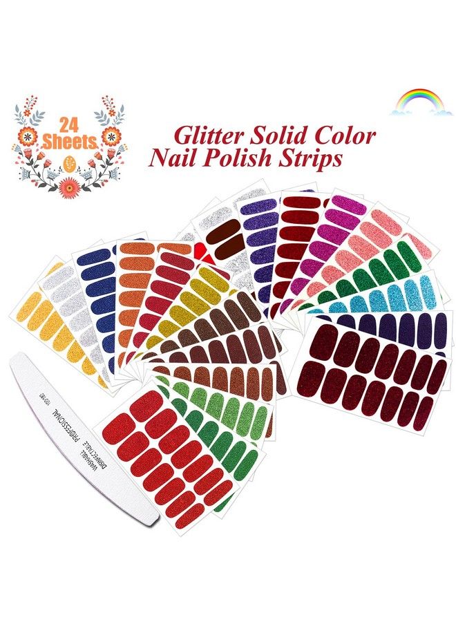 24 Sheets Glitter Solid Color Nail Polish Strips Stickers With Nail File Selfadhesive Nail Strips Stick On Nail Stickers Full Nail Wraps For Women Girls