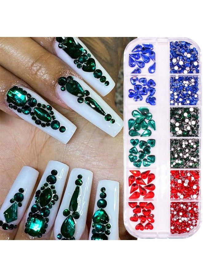 1260Pcs Flat Back Green Nail Rhinestones Blue Nail Rhinestones Red Rhinestones For Nails Nail Crystals Beads Glass Gems Stones Multi Shapes Sizes Nail Rhinestones For Nail Diy Crafts Jewelry