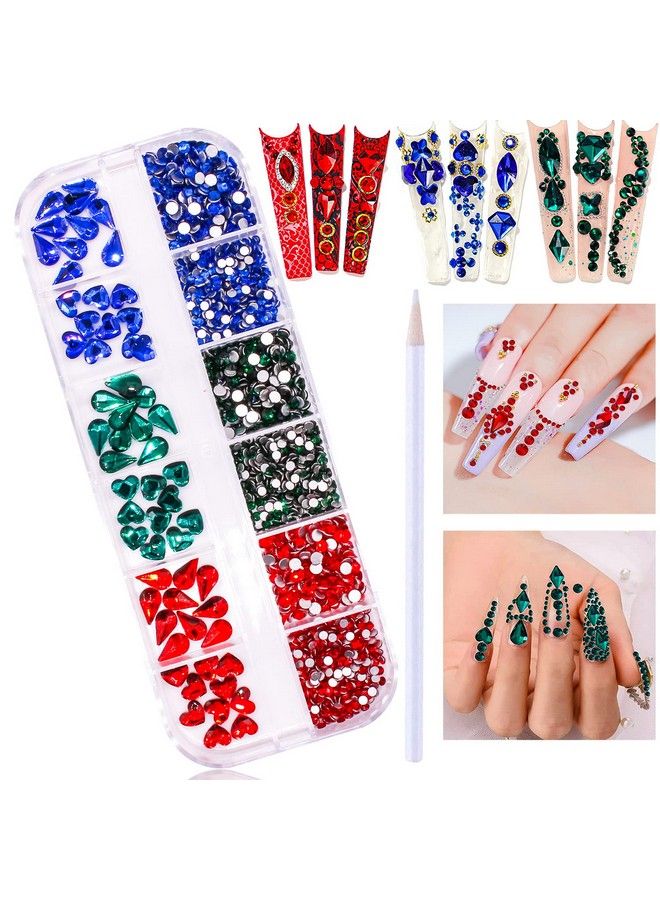 1260Pcs Flat Back Green Nail Rhinestones Blue Nail Rhinestones Red Rhinestones For Nails Nail Crystals Beads Glass Gems Stones Multi Shapes Sizes Nail Rhinestones For Nail Diy Crafts Jewelry