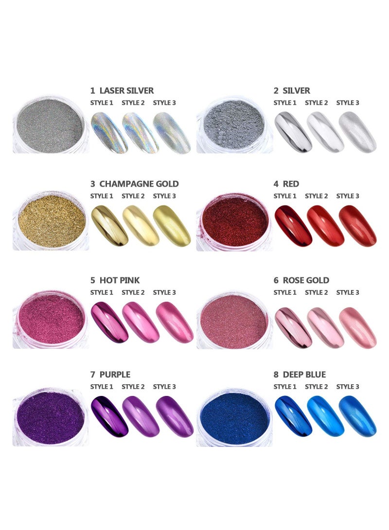 Nail Powder 8 Colors 1g/Jar Holographic Chrome Mirror Laser Synthetic Resin Pigment Manicure Art for Nails with Eyeshadow Sticks