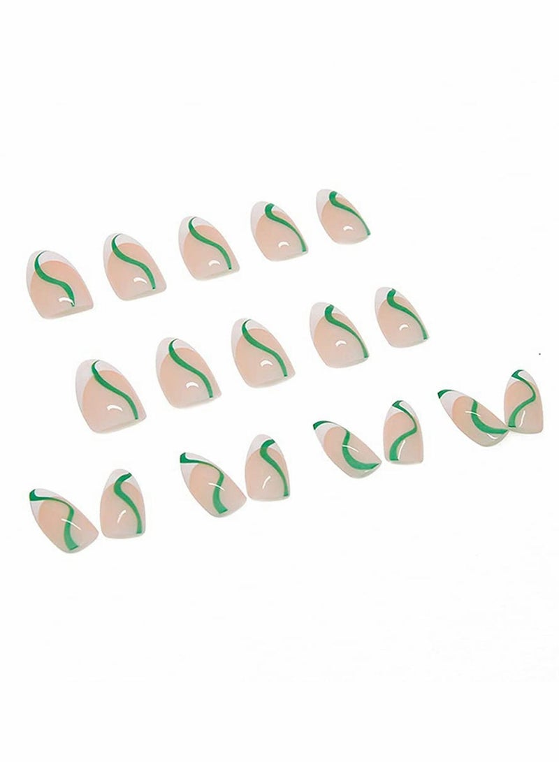 24 Pcs Almond French Nails Cute Maiden Medium Length Stick on Nude White Stripes Acrylic Press Green Swirl Artificial Abstract Nail Art Tips for Women and Girls