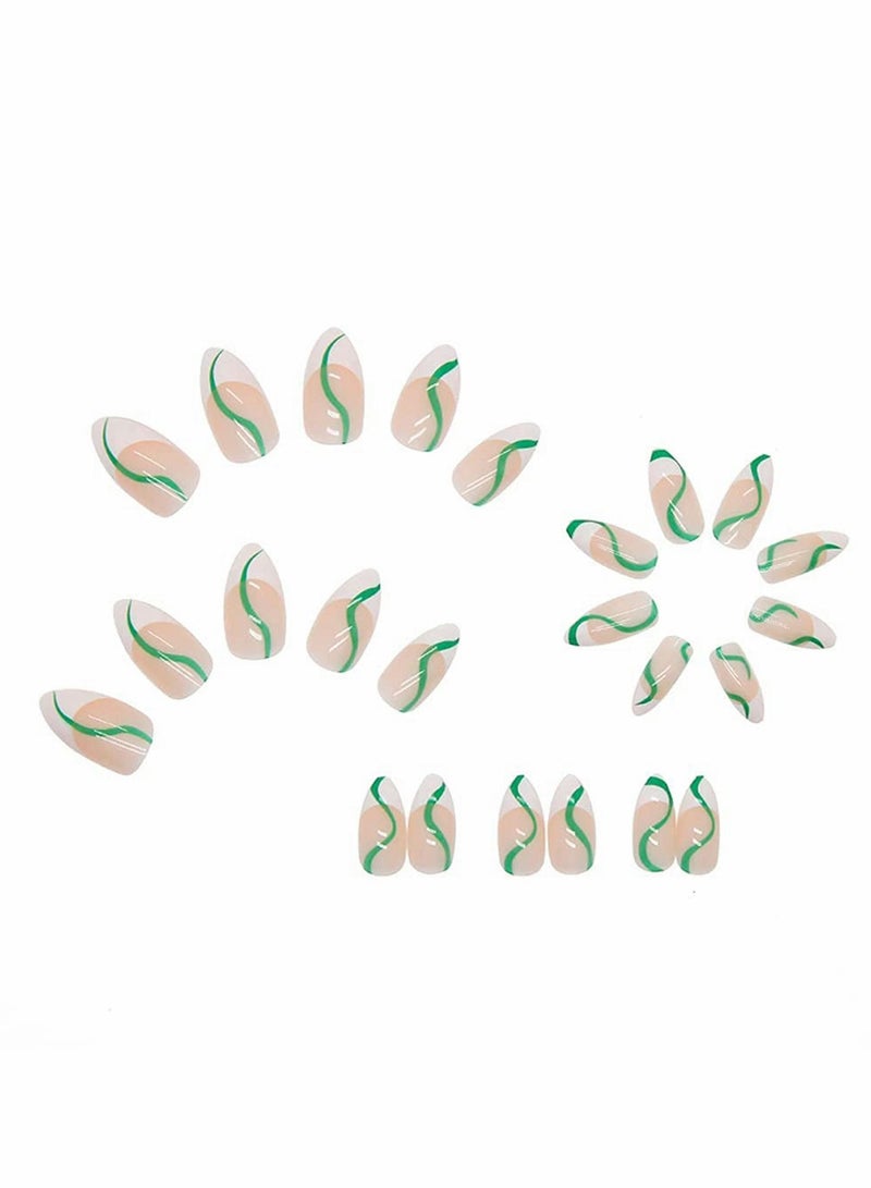 24 Pcs Almond French Nails Cute Maiden Medium Length Stick on Nude White Stripes Acrylic Press Green Swirl Artificial Abstract Nail Art Tips for Women and Girls