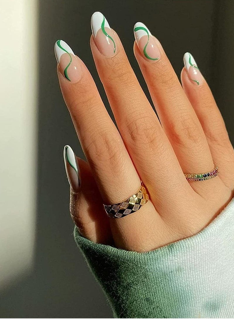 24 Pcs Almond French Nails Cute Maiden Medium Length Stick on Nude White Stripes Acrylic Press Green Swirl Artificial Abstract Nail Art Tips for Women and Girls
