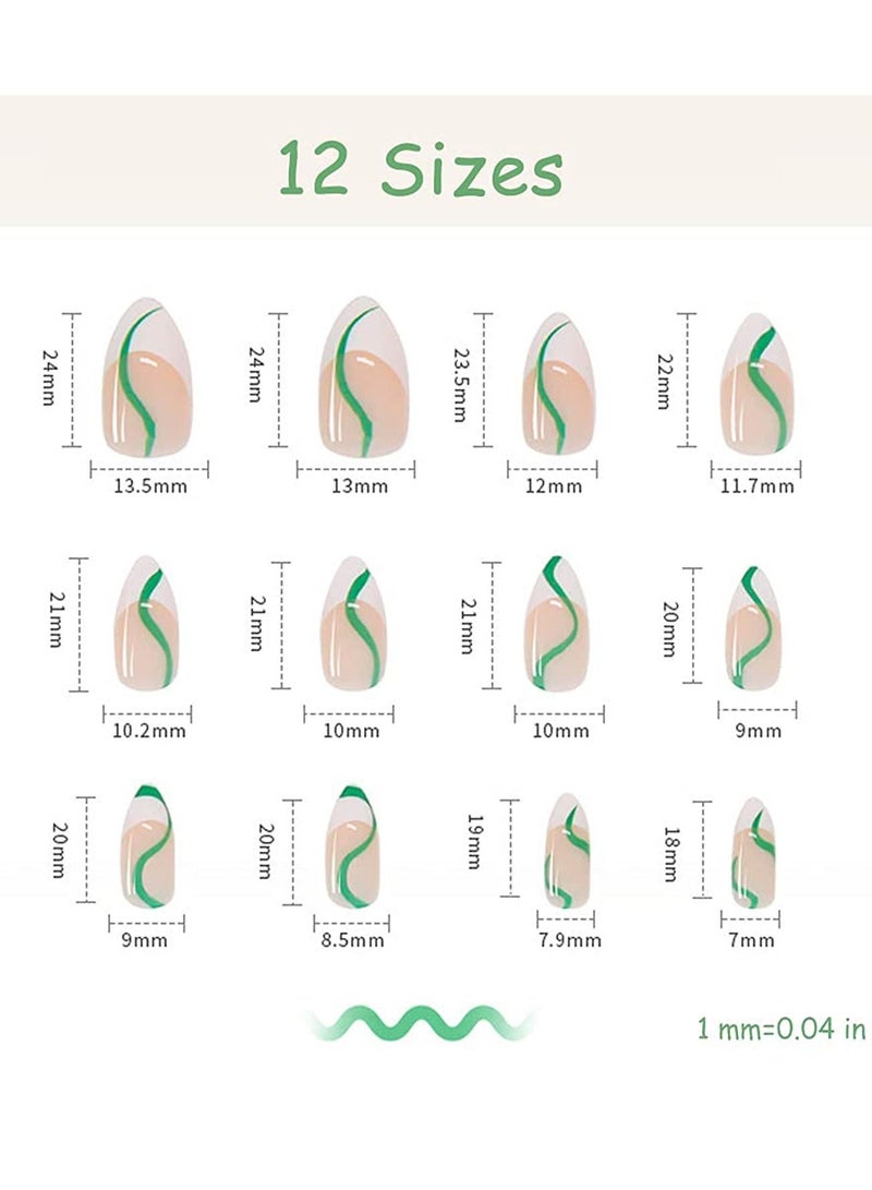 24 Pcs Almond French Nails Cute Maiden Medium Length Stick on Nude White Stripes Acrylic Press Green Swirl Artificial Abstract Nail Art Tips for Women and Girls