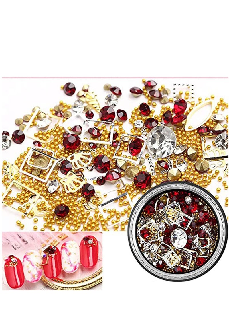 6pcs 3D Nail Charms Gold Studs Art Rhinestone Jewels Gem Pearls Decoration Kit With Tweezers Picker Pencil 6 Boxes for Designs Supplies DIY Crafting