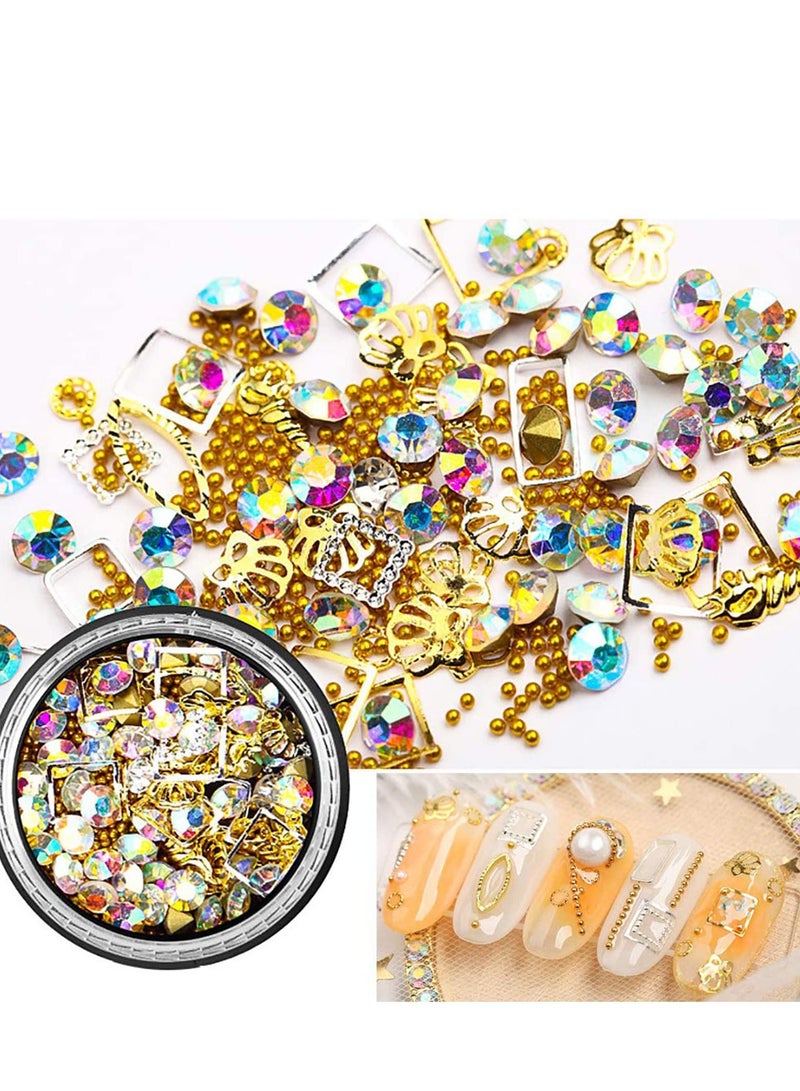 6pcs 3D Nail Charms Gold Studs Art Rhinestone Jewels Gem Pearls Decoration Kit With Tweezers Picker Pencil 6 Boxes for Designs Supplies DIY Crafting