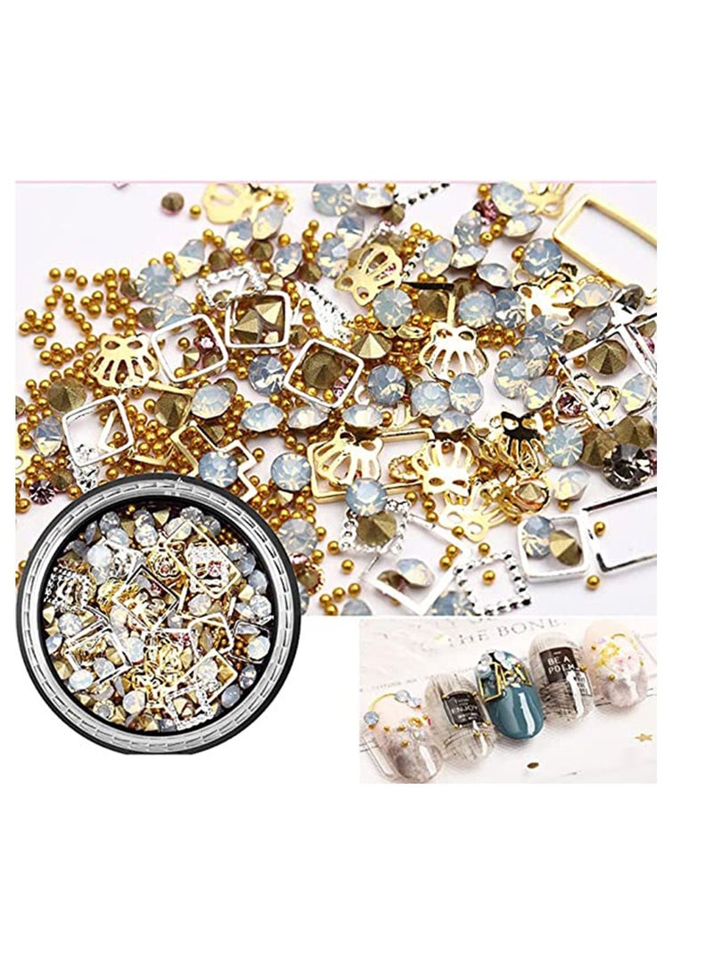 6pcs 3D Nail Charms Gold Studs Art Rhinestone Jewels Gem Pearls Decoration Kit With Tweezers Picker Pencil 6 Boxes for Designs Supplies DIY Crafting