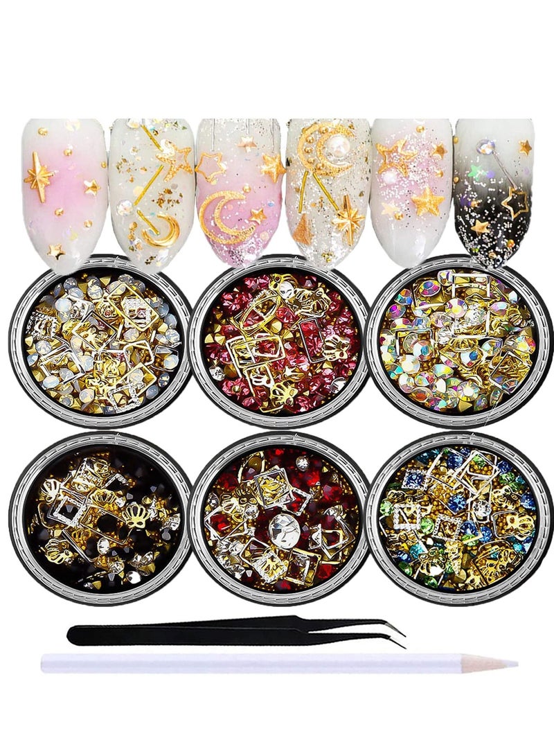 6pcs 3D Nail Charms Gold Studs Art Rhinestone Jewels Gem Pearls Decoration Kit With Tweezers Picker Pencil 6 Boxes for Designs Supplies DIY Crafting