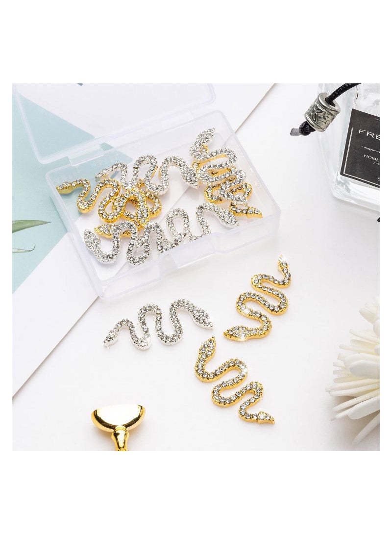 10PCS Snake-Shape Nail Art Charms with Rhinestones, Gold & Sliver Snake Wave Studs Diamonds, Retro Jewelry Accessories for DIY Crafts Decorations