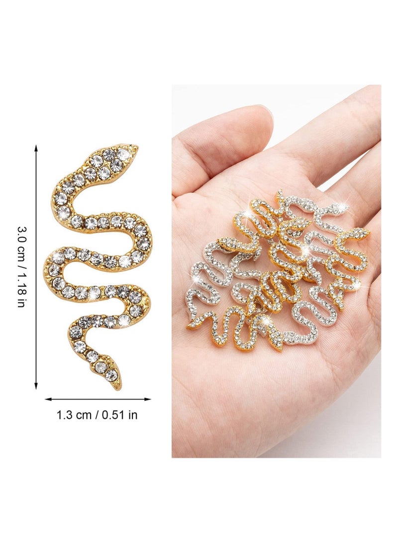 10PCS Snake-Shape Nail Art Charms with Rhinestones, Gold & Sliver Snake Wave Studs Diamonds, Retro Jewelry Accessories for DIY Crafts Decorations
