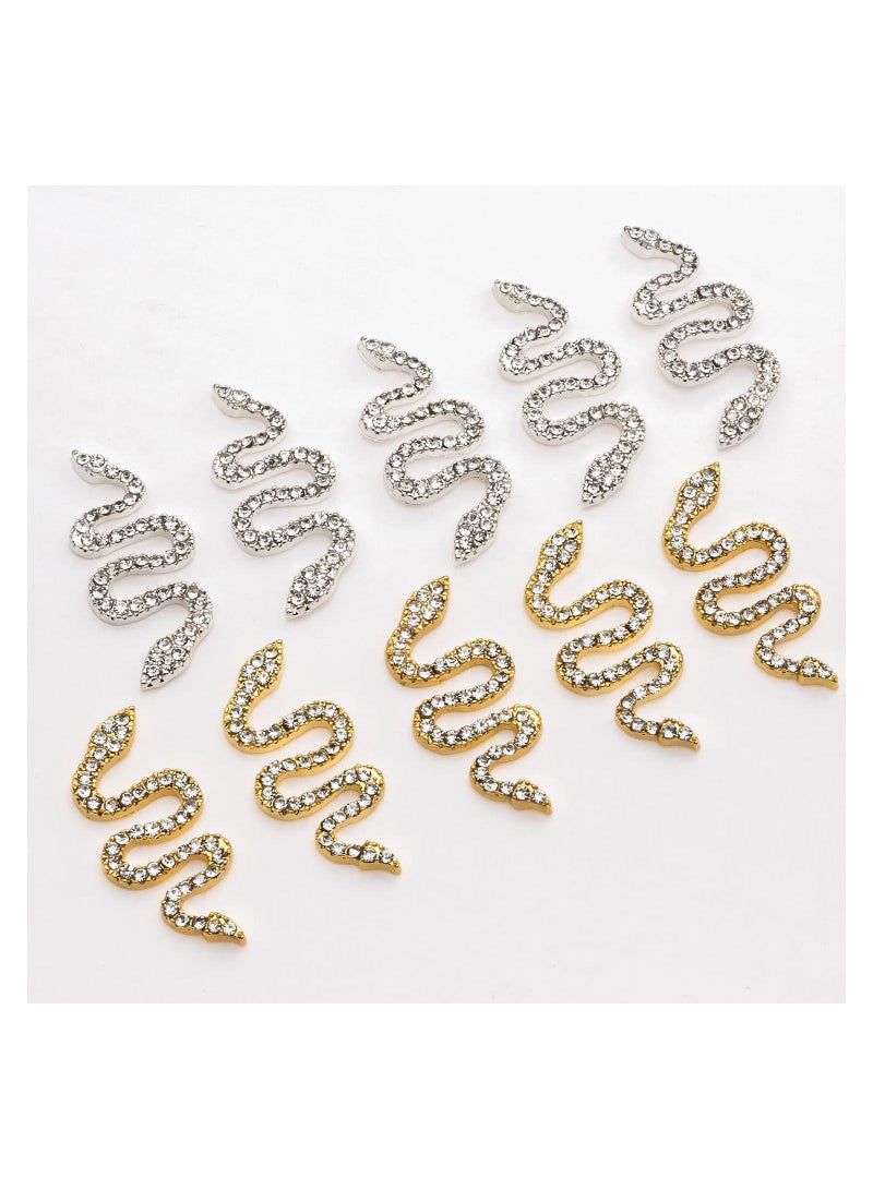 10PCS Snake-Shape Nail Art Charms with Rhinestones, Gold & Sliver Snake Wave Studs Diamonds, Retro Jewelry Accessories for DIY Crafts Decorations