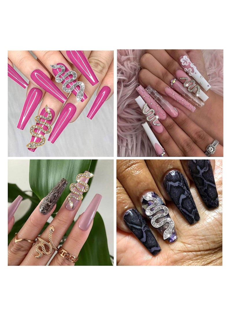 10PCS Snake-Shape Nail Art Charms with Rhinestones, Gold & Sliver Snake Wave Studs Diamonds, Retro Jewelry Accessories for DIY Crafts Decorations