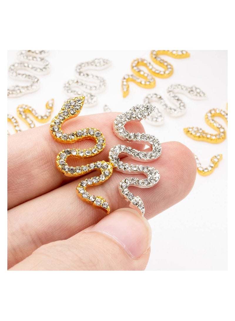 10PCS Snake-Shape Nail Art Charms with Rhinestones, Gold & Sliver Snake Wave Studs Diamonds, Retro Jewelry Accessories for DIY Crafts Decorations