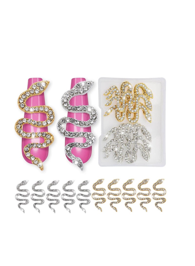 10PCS Snake-Shape Nail Art Charms with Rhinestones, Gold & Sliver Snake Wave Studs Diamonds, Retro Jewelry Accessories for DIY Crafts Decorations