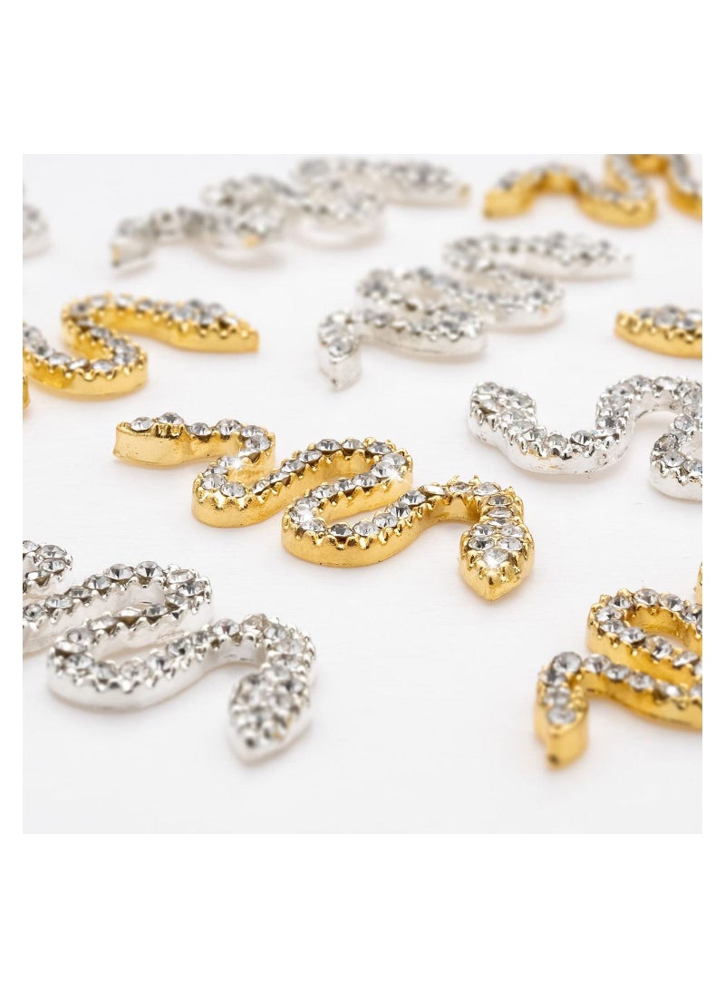 10PCS Snake-Shape Nail Art Charms with Rhinestones, Gold & Sliver Snake Wave Studs Diamonds, Retro Jewelry Accessories for DIY Crafts Decorations