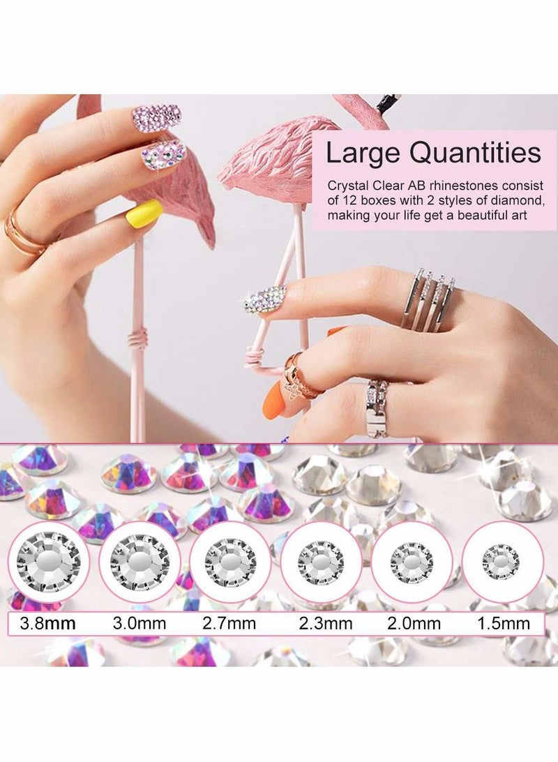 Crystal AB Nail Art Rhinestones Decorations Stones for Supplies and Clear with Pick Up Tweezer Rhinestone Picker Dotting Pen Keep Fresh Never Darken