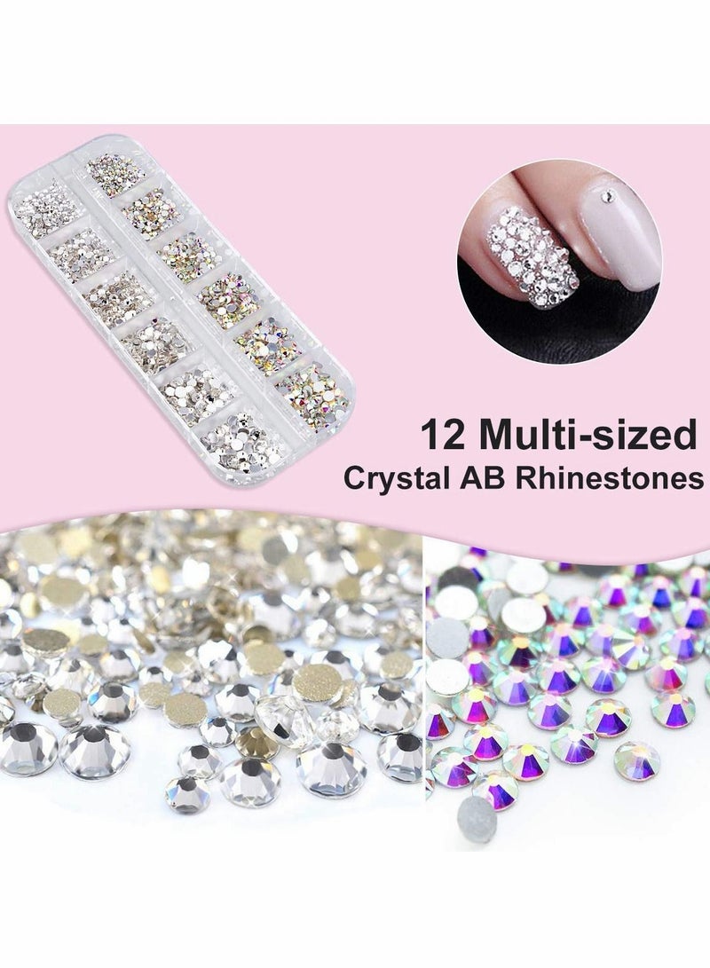 Crystal AB Nail Art Rhinestones Decorations Stones for Supplies and Clear with Pick Up Tweezer Rhinestone Picker Dotting Pen Keep Fresh Never Darken