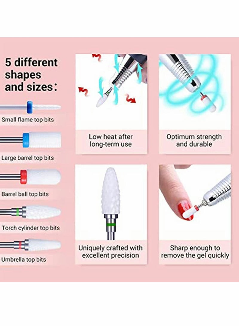 Ceramic Nail Drill Bits Set, 5Pcs 3/32'' Professional Acrylic File Bit for Remove Gel Nails Cuticle Manicure Pedicure