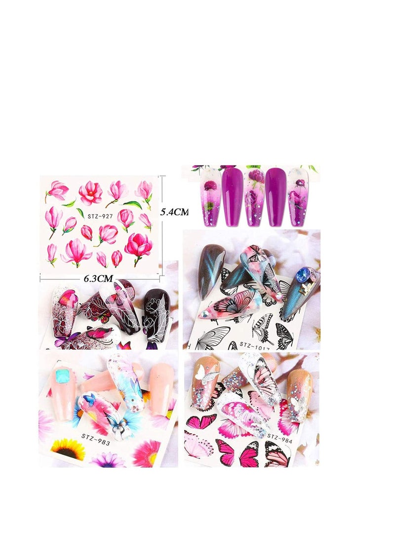 1000 Pcs+ Mixed Nail Art Stickers, Water Transfer Sticker Home Manicure Decals with Flowers Butterflies for Women Party Favors DIY Tips