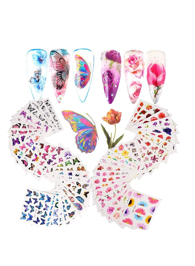 1000 Pcs+ Mixed Nail Art Stickers, Water Transfer Sticker Home Manicure Decals with Flowers Butterflies for Women Party Favors DIY Tips
