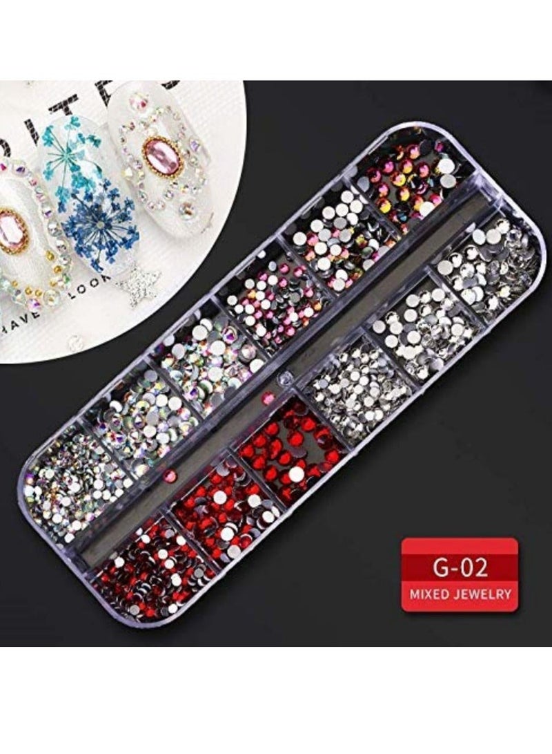 9 boxes Nail RhinestonesNail Gems DiamondsNail Art Studs Crystals Sequins for Nails Kit with 1 Tweezers and 3 Pen Supplies Accessories