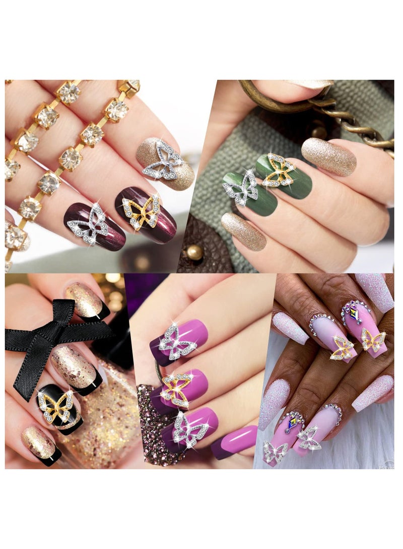 26PCS 3D Butterfly Nail Charms Crystals Diamonds Rhinestones, Metal Alloy Gold Silver Art Jewelry Decorations Shape Gemstone Design for Manicure DIY Accessory 13Gold and 13Silver