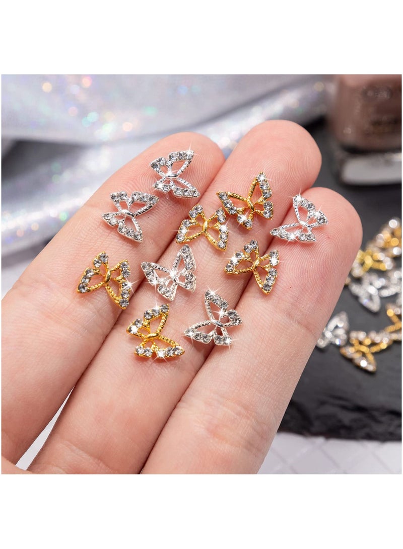 26PCS 3D Butterfly Nail Charms Crystals Diamonds Rhinestones, Metal Alloy Gold Silver Art Jewelry Decorations Shape Gemstone Design for Manicure DIY Accessory 13Gold and 13Silver