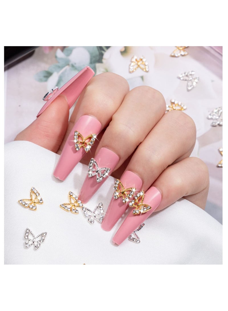 26PCS 3D Butterfly Nail Charms Crystals Diamonds Rhinestones, Metal Alloy Gold Silver Art Jewelry Decorations Shape Gemstone Design for Manicure DIY Accessory 13Gold and 13Silver