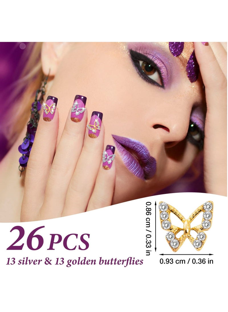 26PCS 3D Butterfly Nail Charms Crystals Diamonds Rhinestones, Metal Alloy Gold Silver Art Jewelry Decorations Shape Gemstone Design for Manicure DIY Accessory 13Gold and 13Silver