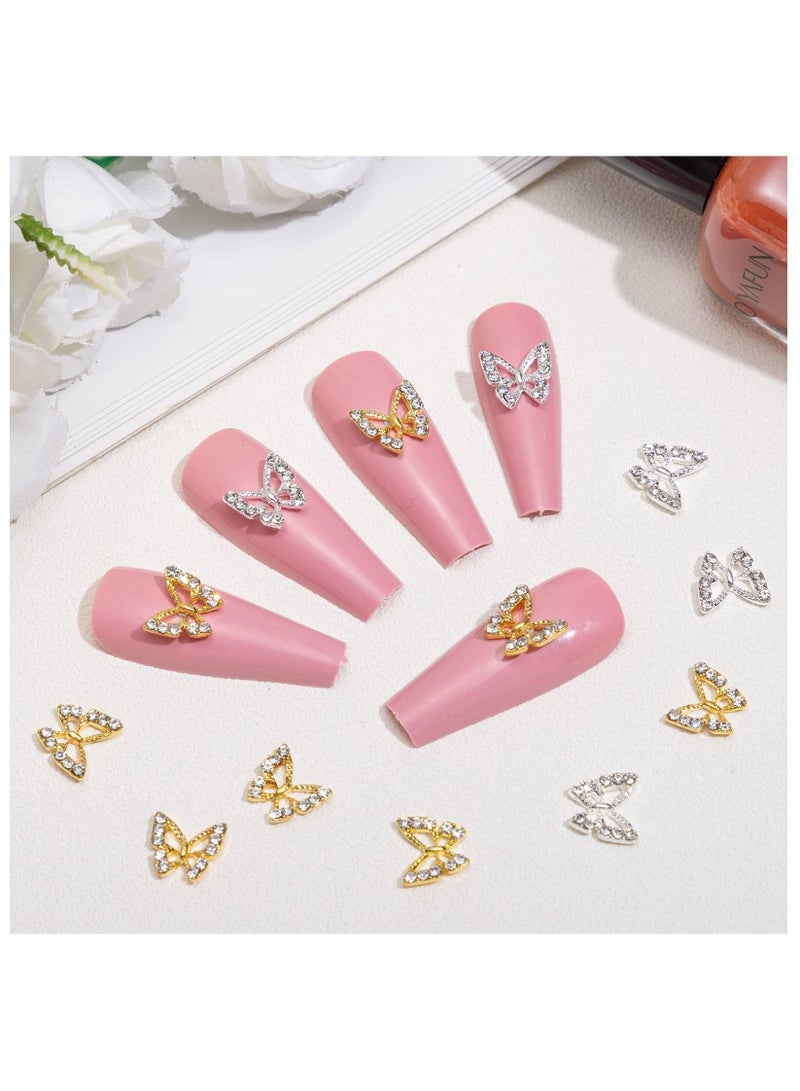 26PCS 3D Butterfly Nail Charms Crystals Diamonds Rhinestones, Metal Alloy Gold Silver Art Jewelry Decorations Shape Gemstone Design for Manicure DIY Accessory 13Gold and 13Silver