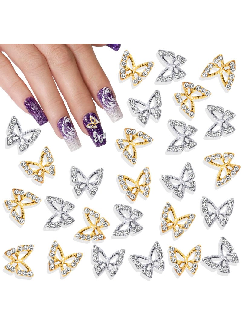 26PCS 3D Butterfly Nail Charms Crystals Diamonds Rhinestones, Metal Alloy Gold Silver Art Jewelry Decorations Shape Gemstone Design for Manicure DIY Accessory 13Gold and 13Silver