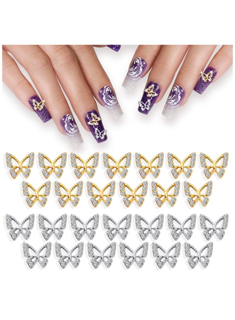 26PCS 3D Butterfly Nail Charms Crystals Diamonds Rhinestones, Metal Alloy Gold Silver Art Jewelry Decorations Shape Gemstone Design for Manicure DIY Accessory 13Gold and 13Silver