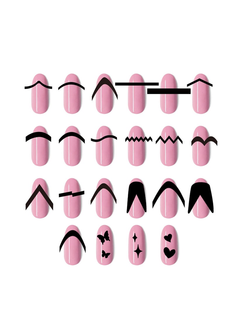 Nail Decal Set, Art Stickers, French Inkjet Crescent Snow Heart Hollow Decal, Self-Adhesive Tips Sticker Guides, 5 Pcs Liner Brushes for DIY Decorations Stencil Tools 12 Sheets